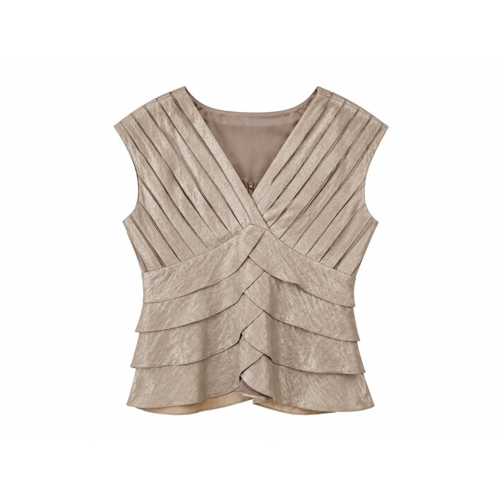 Victor Costa Womens Blouse Top Champagne Gold Pleated Ruffle Peplum Size 4
